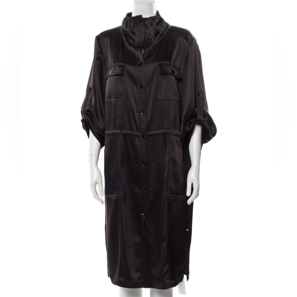 St. John Black Satin‎ Button Down 3/4 sleeves Midi Dress Size 10 - Picture 5 of 16